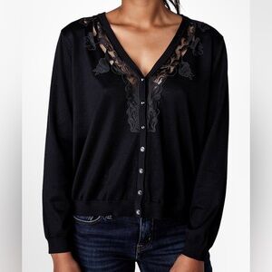 City Chic Black‎ Lace Trim Crystal Button Cardigan Medium V-Neck Knit Sweater